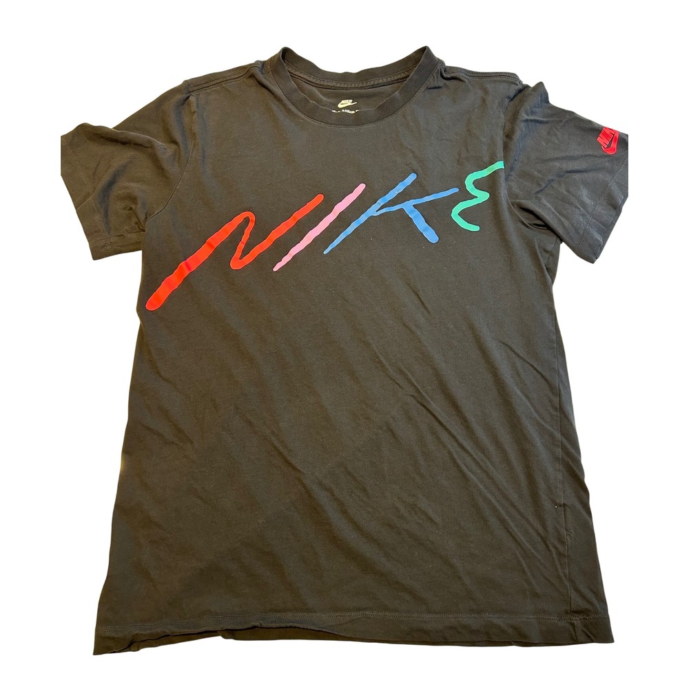 Nike Womens Graphic Tee Black Multi Color Script Logo Short Sleeve Shirt Small